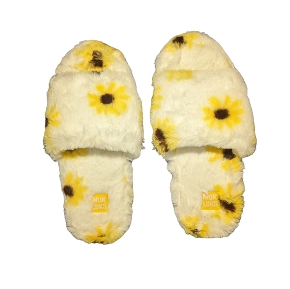 MUK Luks Luxury Fuzzy Sunflower Slippers Medium 7-8 Soft Furry Comfy Loungewear - Picture 3 of 7